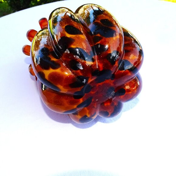 Art Glass Pumpkin Amber Orange Leopard Spot Ribbon Stem Shimmer 9 1/2" - Picture 4 of 4